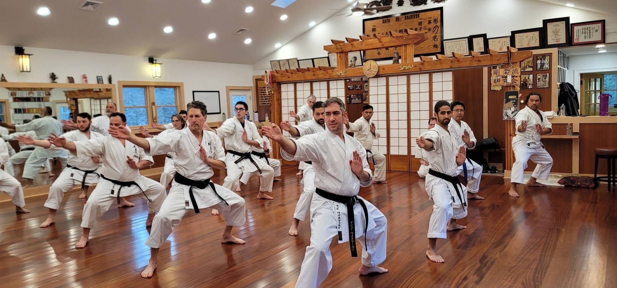 Adults in white gi and black belts drill stances together across the wood floor of the Holmdel dojo.