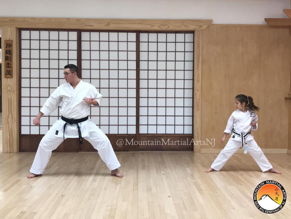 A man and child practicing karate in a room.