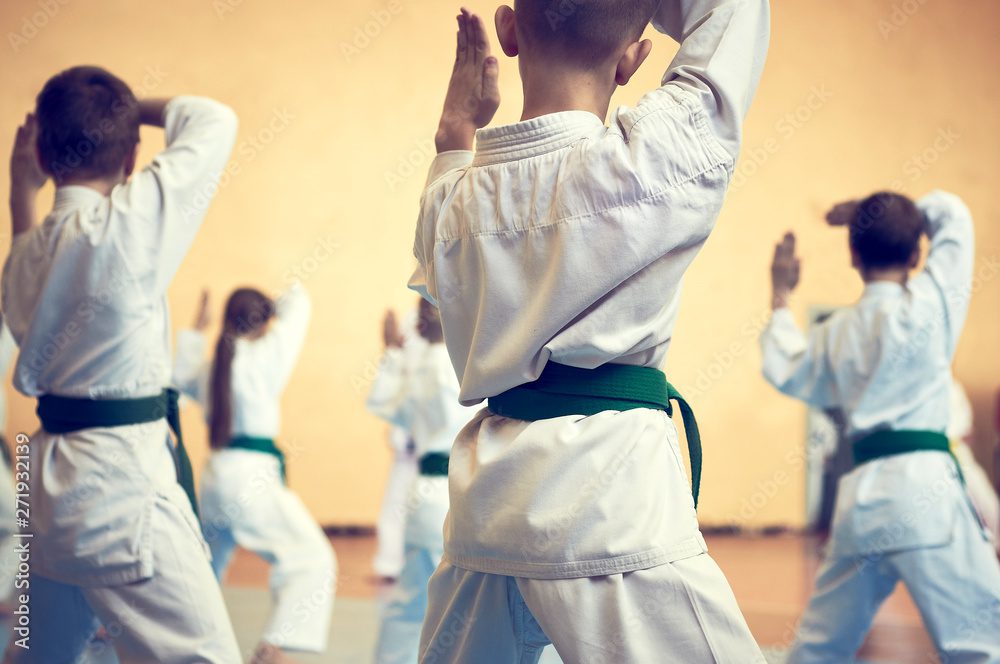 A group of people in white and green martial arts outfits.